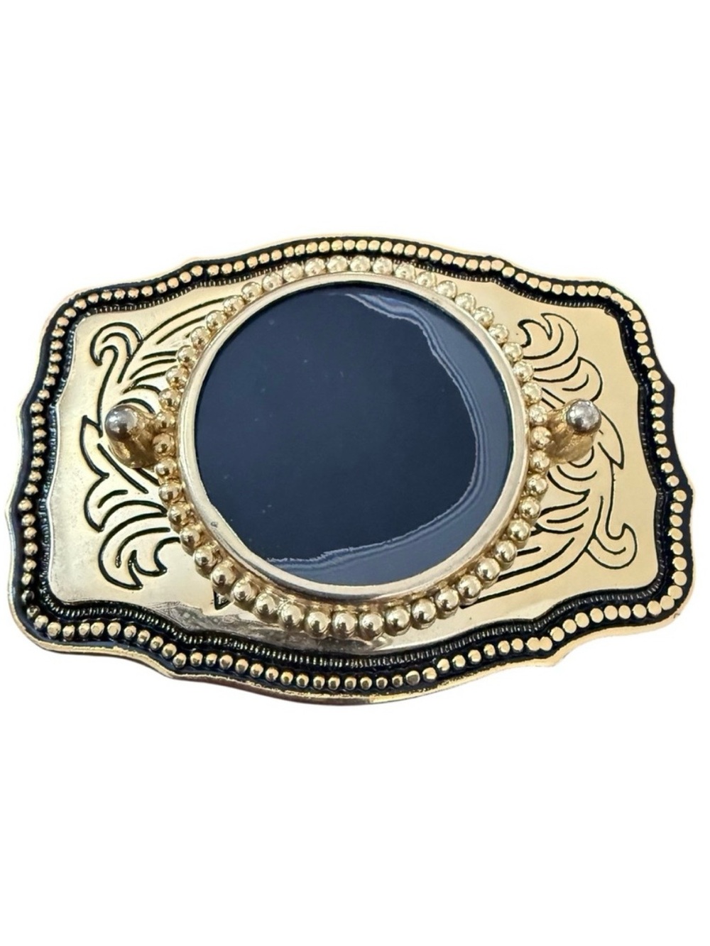 Vintage Western Gold Tone Black Gemstone Belt Buckle Southwestern Bohemian